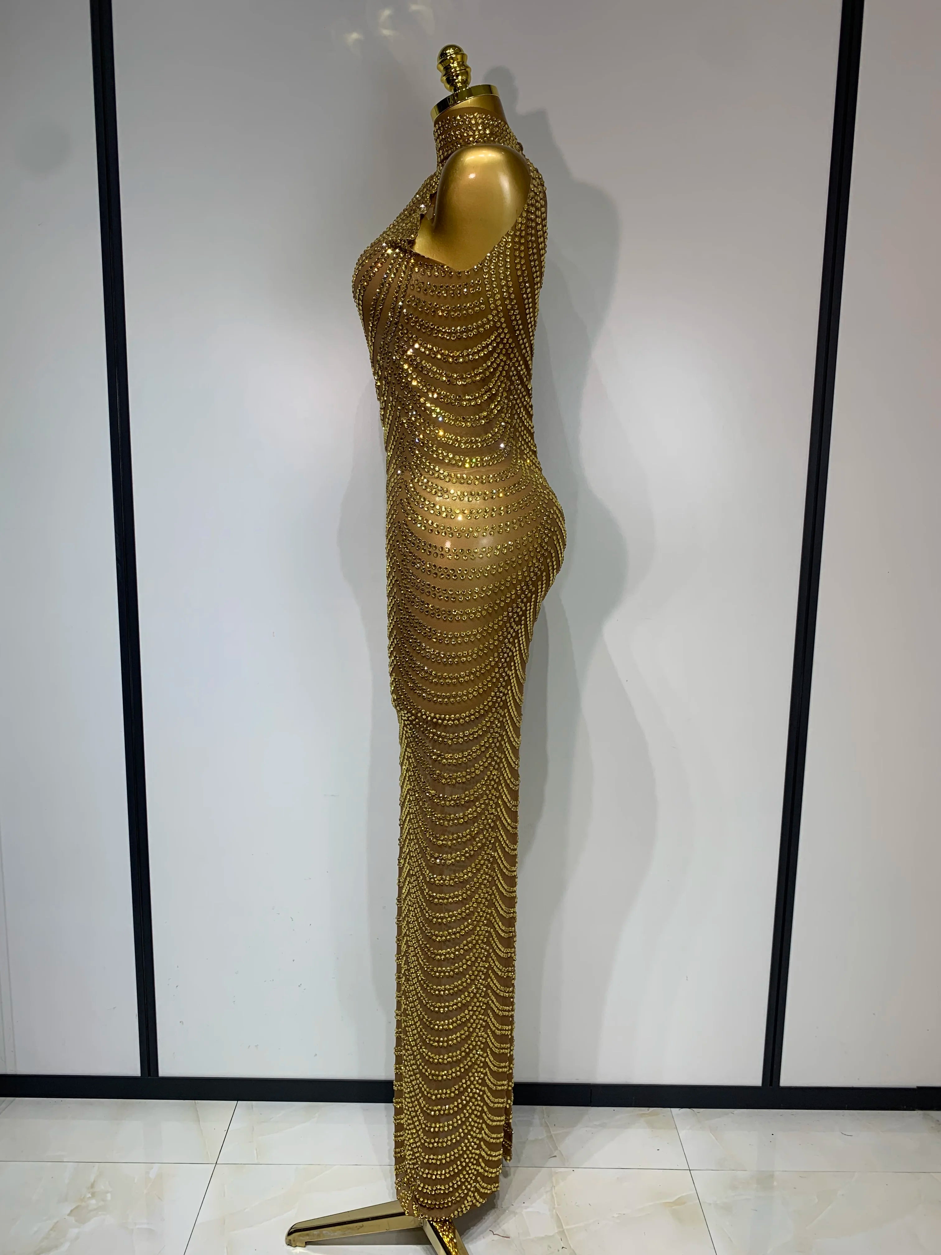 Women Sexy Sparkly Rhinestone Gold Maxi Dress Mesh See Through Evening Party Singer Stage Perform Costume Luxury Birthday Gown