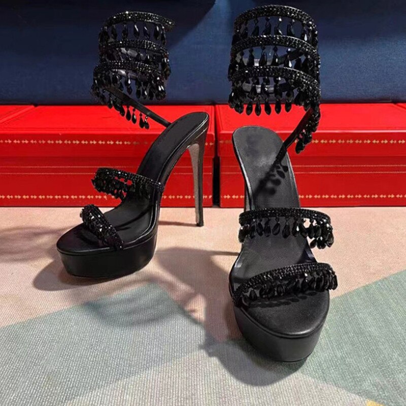 Summer New Round Toe Thick Sole Sandals with Snake Twisted Beaded Water Diamond Thin Heel High Heel Sandals for Women