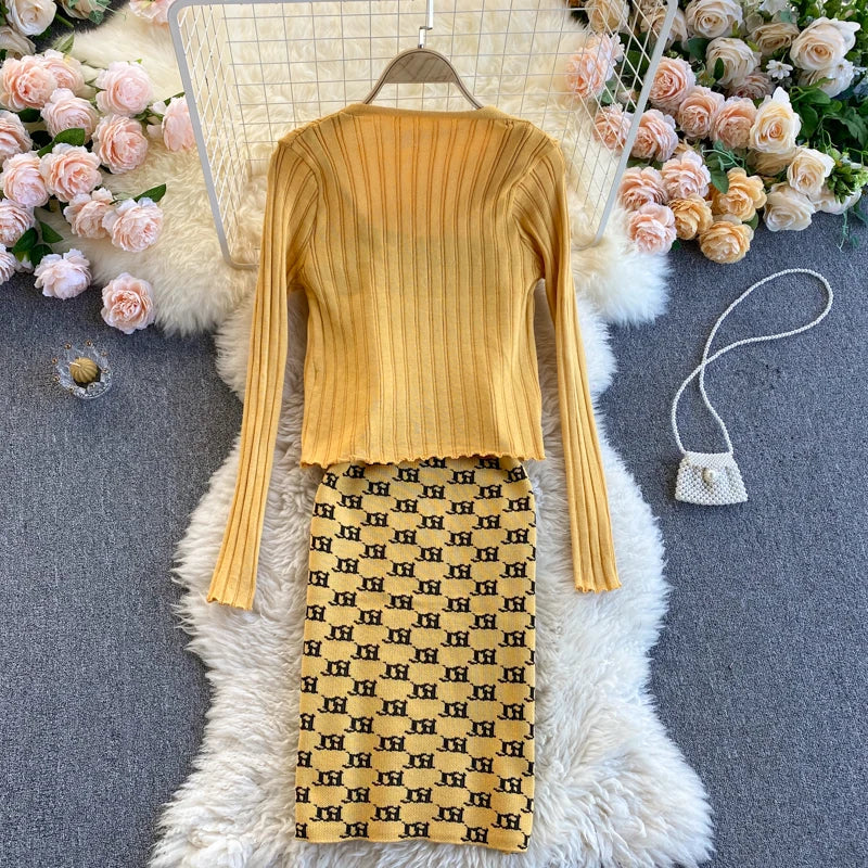 Women Dress Set Spring Autumn Fashion Y2K Knitted Chains Straps Mini Dress + Full Sleeve Cardigans Coats