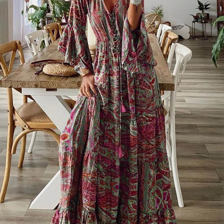 Women Vintage Print Long Dress 2024 Summer Sexy V Neck Short Sleeve A-line Dress Female Elegant Elastic Waist Maxi Dresess Robe EA08432-Red