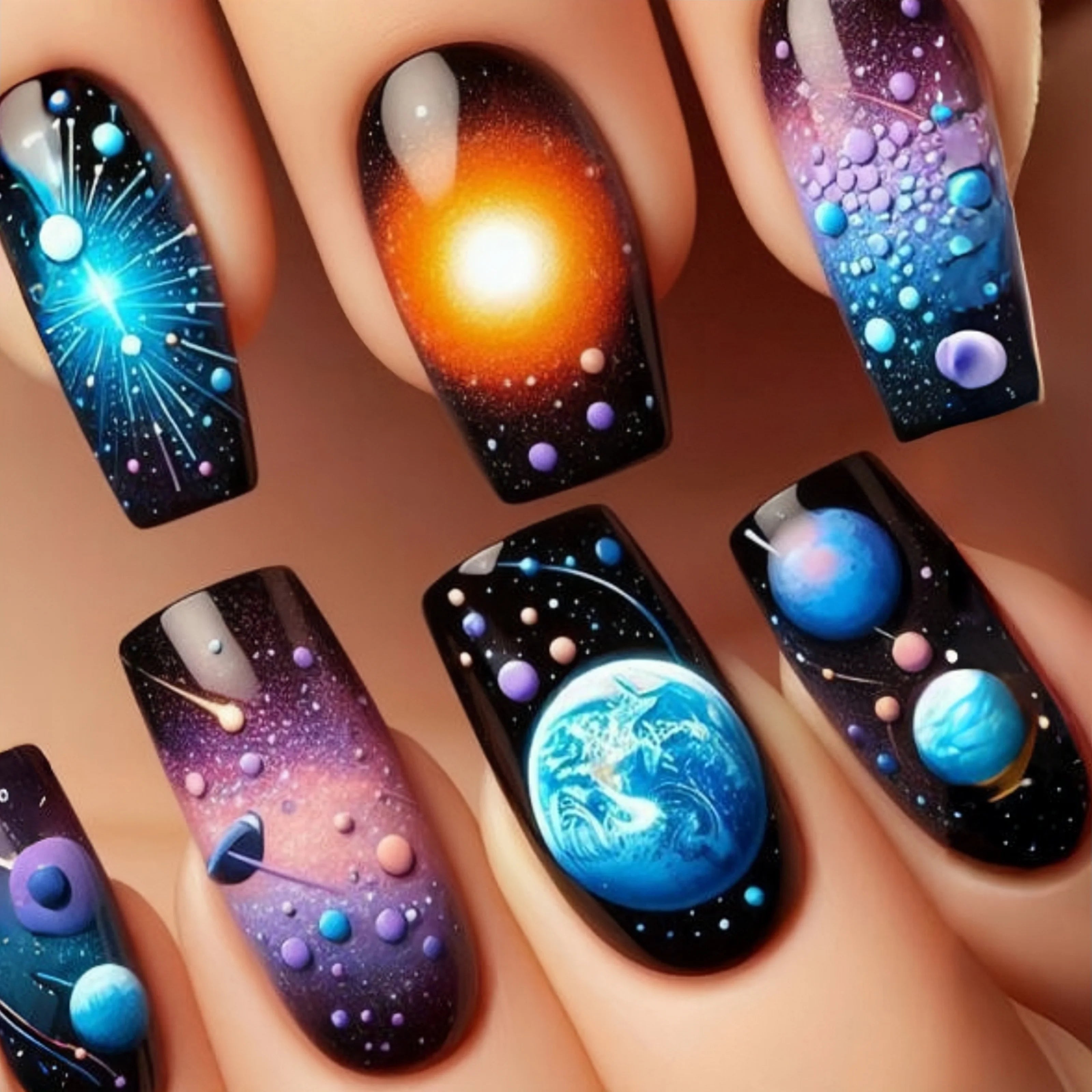 Medium and long square-shaped European manicure, fashionable manicure for New Year and spring and summer, purple gradient flower DEEP BLUE