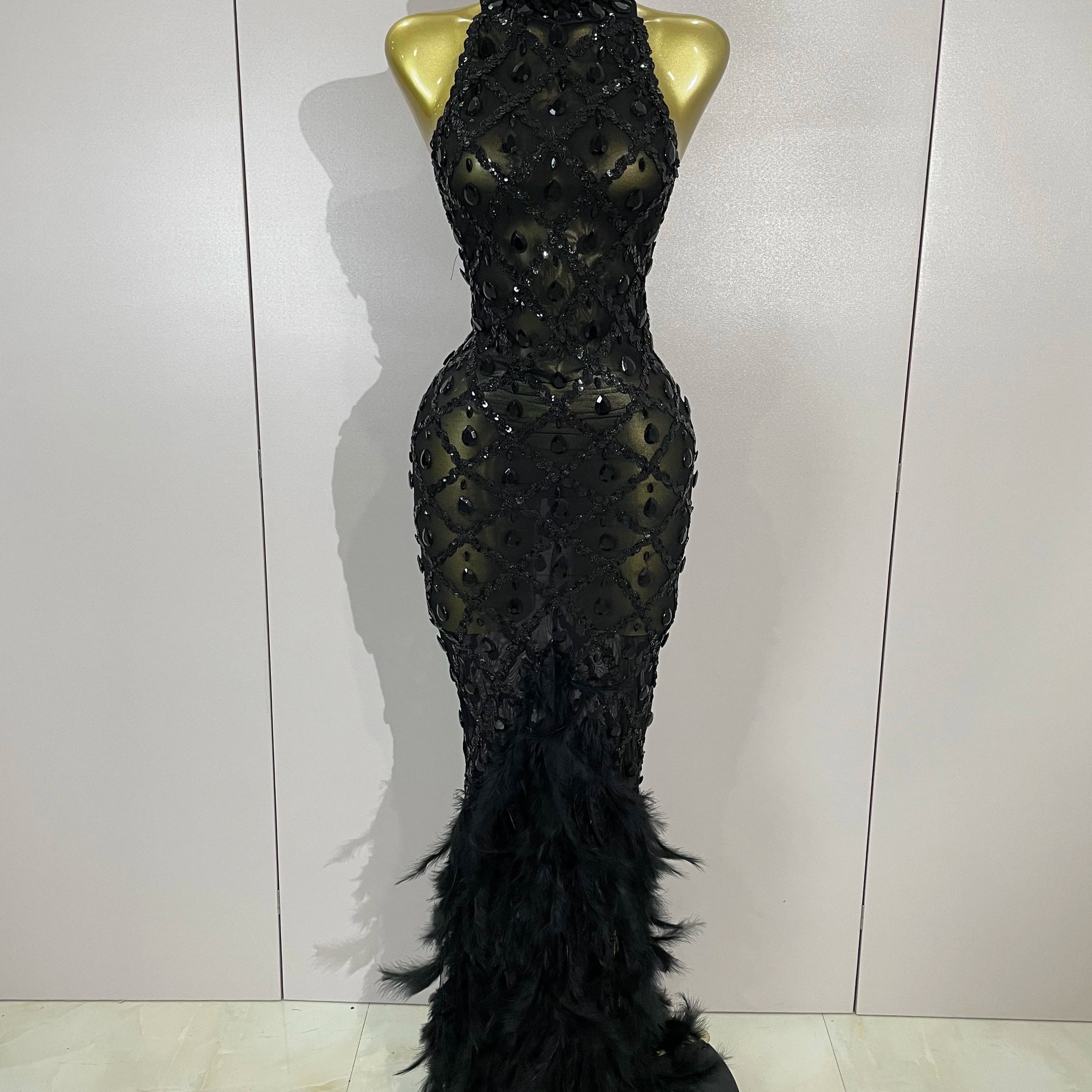 Luxury Shining Gold Rhinestones Feather Sexy Mesh Long Dress Women Birthday Evening Red Carpet Fashion Show Gown Stage Costume black