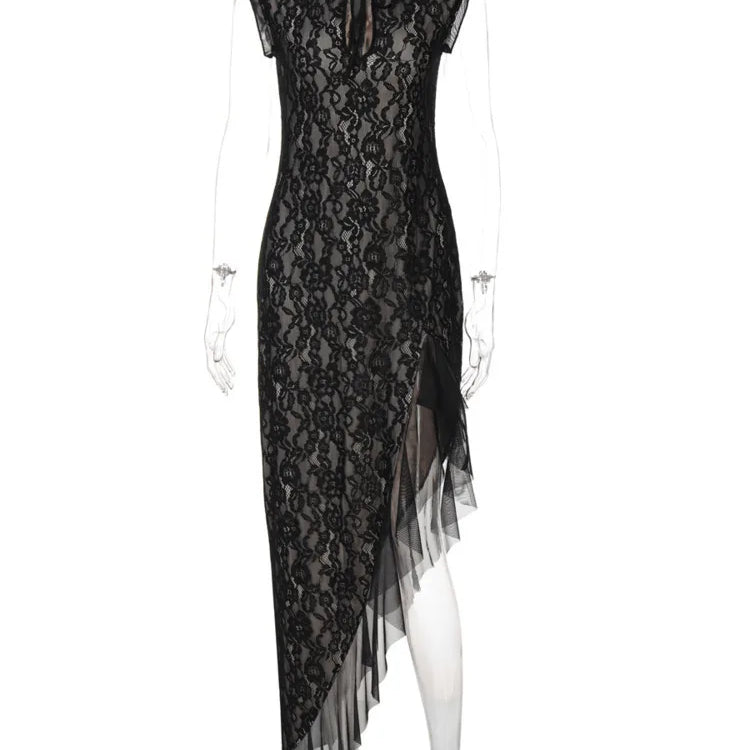 Mesh Lace Ruffled Sexy Maxi Dress For Women Gown Black Hollow Out Sleeveless Thigh High Split Club Long Dress Vestido