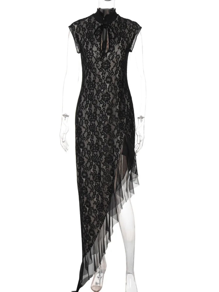 Mesh Lace Ruffled Sexy Maxi Dress For Women Gown Black Hollow Out Sleeveless Thigh High Split Club Long Dress Vestido