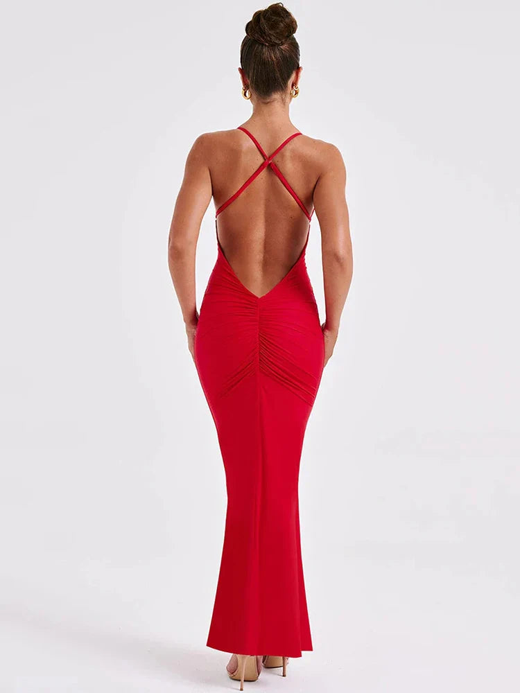 Spaghetti Strap Backless Sexy Maxi Dress For Women Fashion Summer New Sleeveless Bodycon Club Party Long Dress Elegant