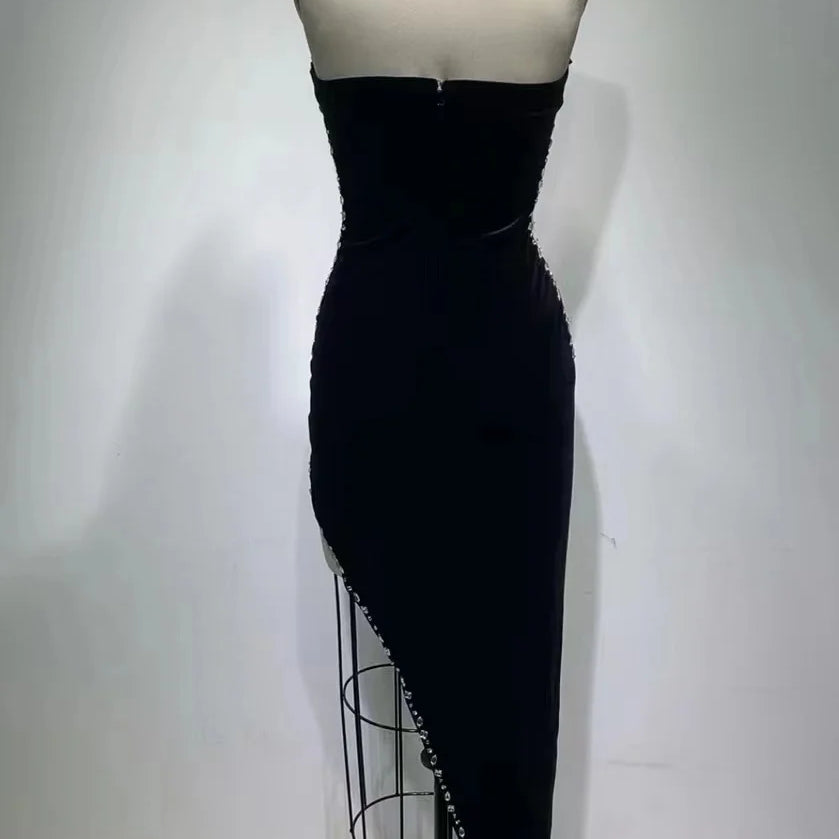High Celebrity Black Strapless Crystal Long Bodycon Velvet Dress Elegant Evening Party Dress Vestidos