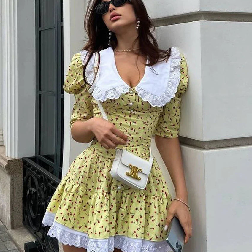 Clacive Summer Slim Print Women'S Dress Bodycon Doll Collar Short Sleeve Mini Dresses Elegant Lace Patchwork Female Dress Yellow