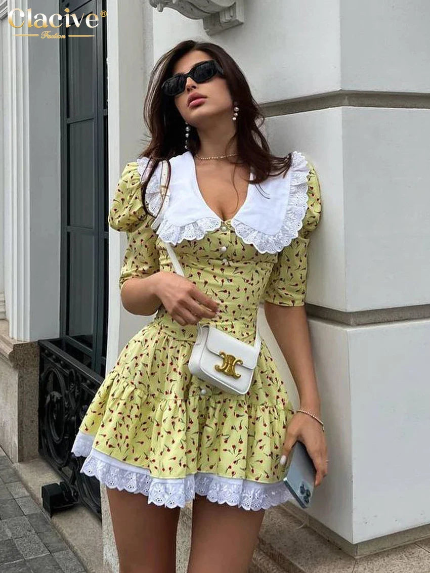 Clacive Summer Slim Print Women'S Dress Bodycon Doll Collar Short Sleeve Mini Dresses Elegant Lace Patchwork Female Dress Yellow