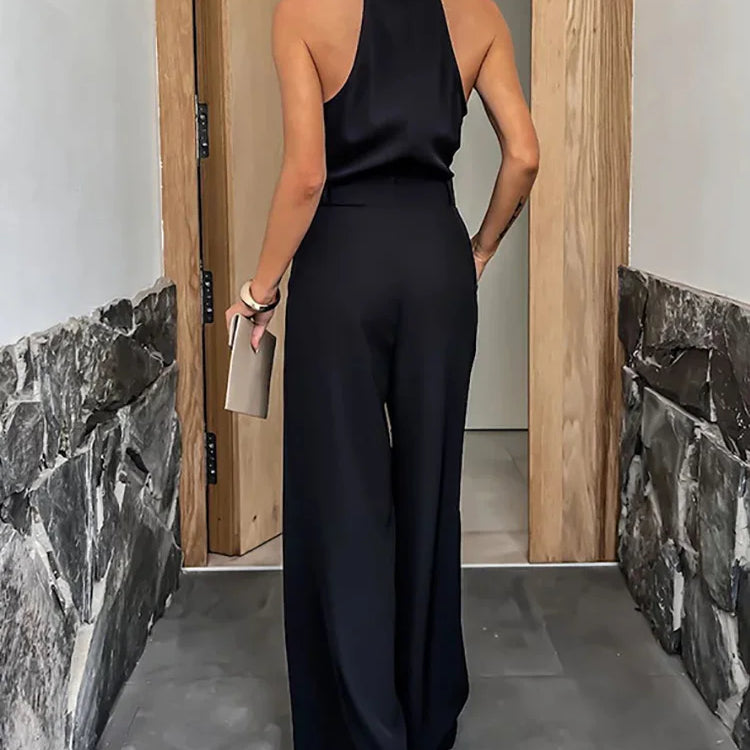 Wide Leg Pants Loungewear Bodysuits, Women Spring Summer Pocket Sleeveless Jumpsuits, Turn-Down Collar Simple Ladies Playsuits