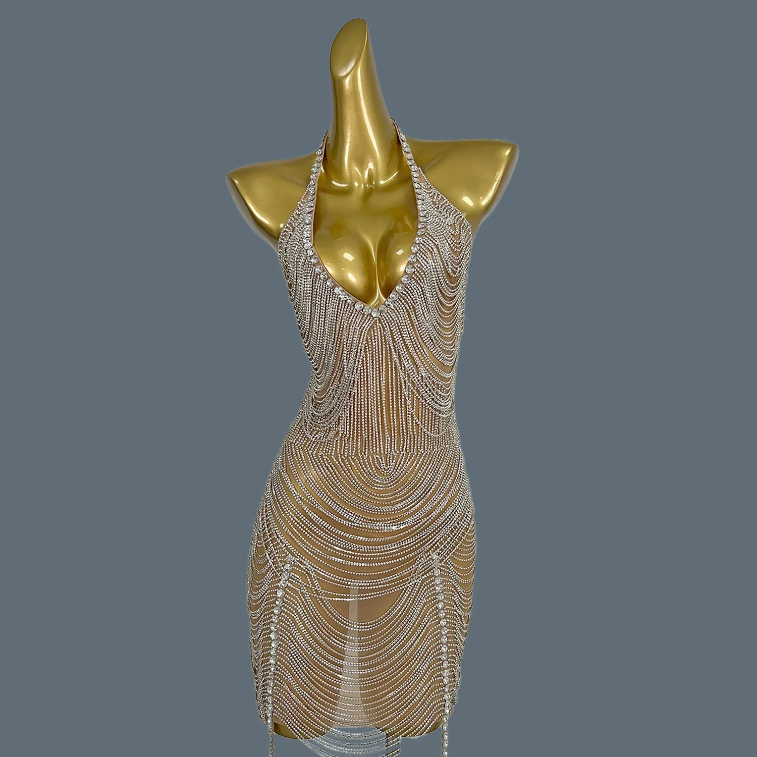 Sparkly Crystal Fringes Prom Dress Sexy Mesh Velvet Party Nightclub Birthday Outfit Performance Dance Costume Stage Wear Yuanpan Silver