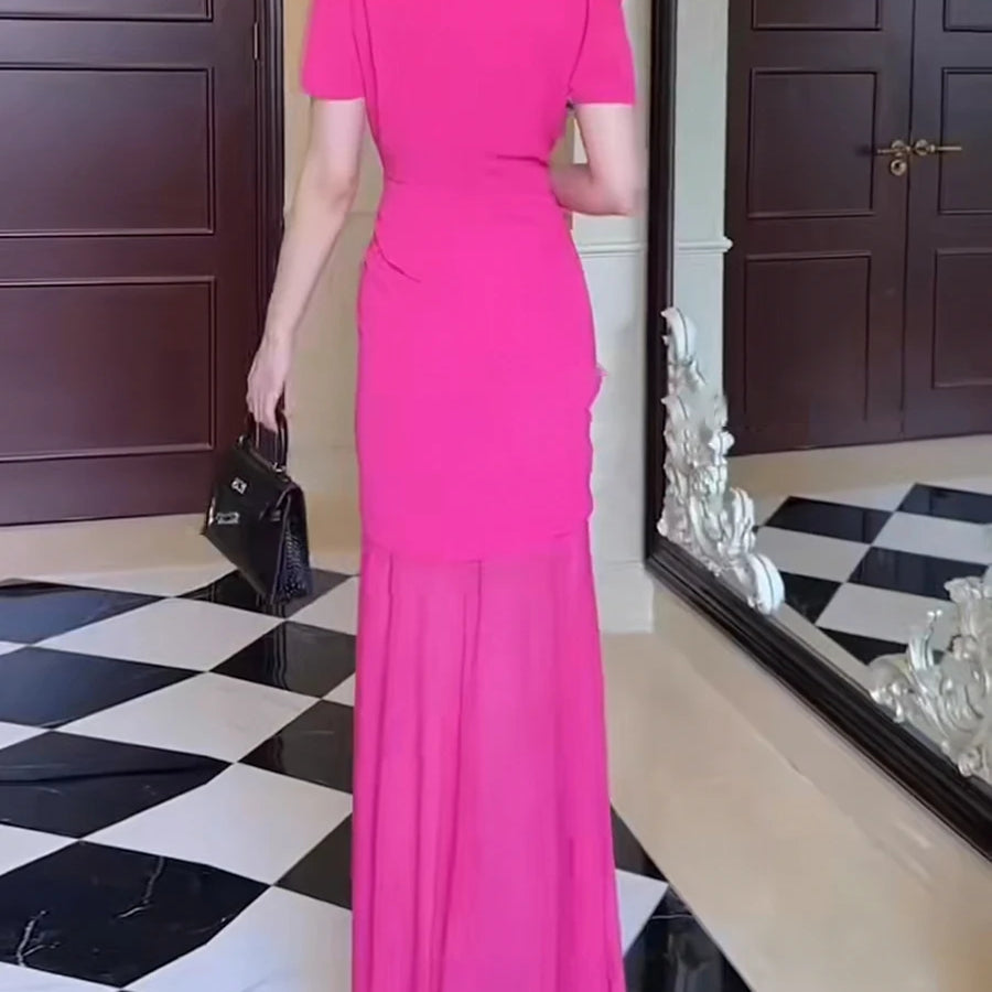 Hit Color Spliced 3D Flower Elegant Dresses for Women Round Neck Short Sleeves Patchwork Folds Sheer Dress Female