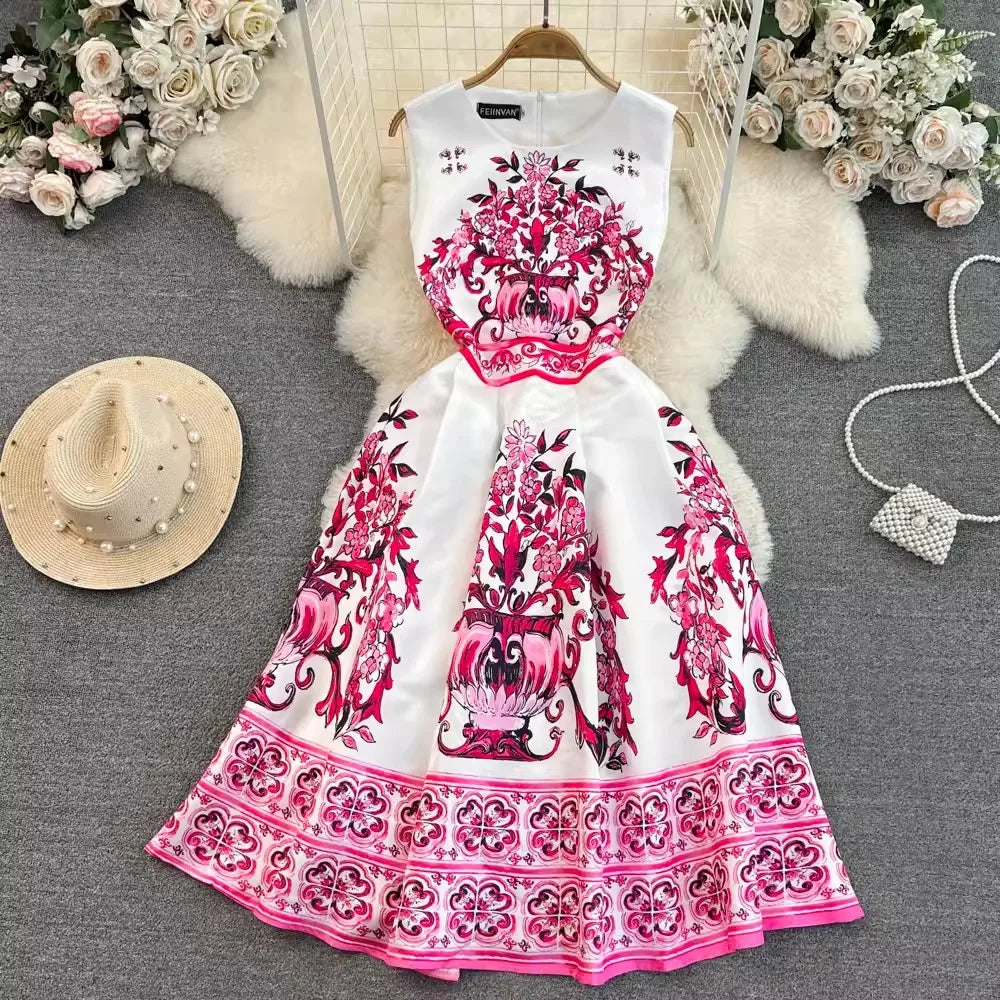Summer Vintage Blue And White Porcelain Dresses Women's Sleeveless O Neck Tank Flower Print Vest Midi Long Party Vestidos red