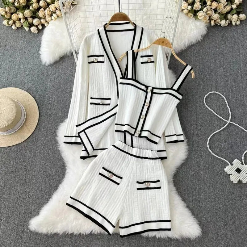 Runway Casual Long Sleeve V Neck Cardigan Coat Top + Sling Vest + Shorts Chic Knitted Vintage Female Luxury Women's 3 Piece Sets white One Size