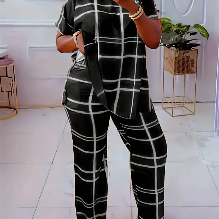 Wmstar Plus Size Two Piece Outfits Women Loose Striped Short Sleeve Top Wide Leg Pants Set Tracksuits Wholesale Dropshipping black