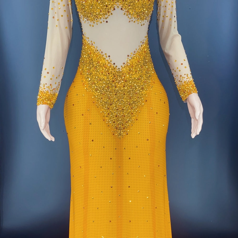 Sparkly Rhinestones Long Sleeves Mesh Transparent Dress Birthday Celebrate Gown Outfit Women Sexy Evening Prom Party Dress Gold