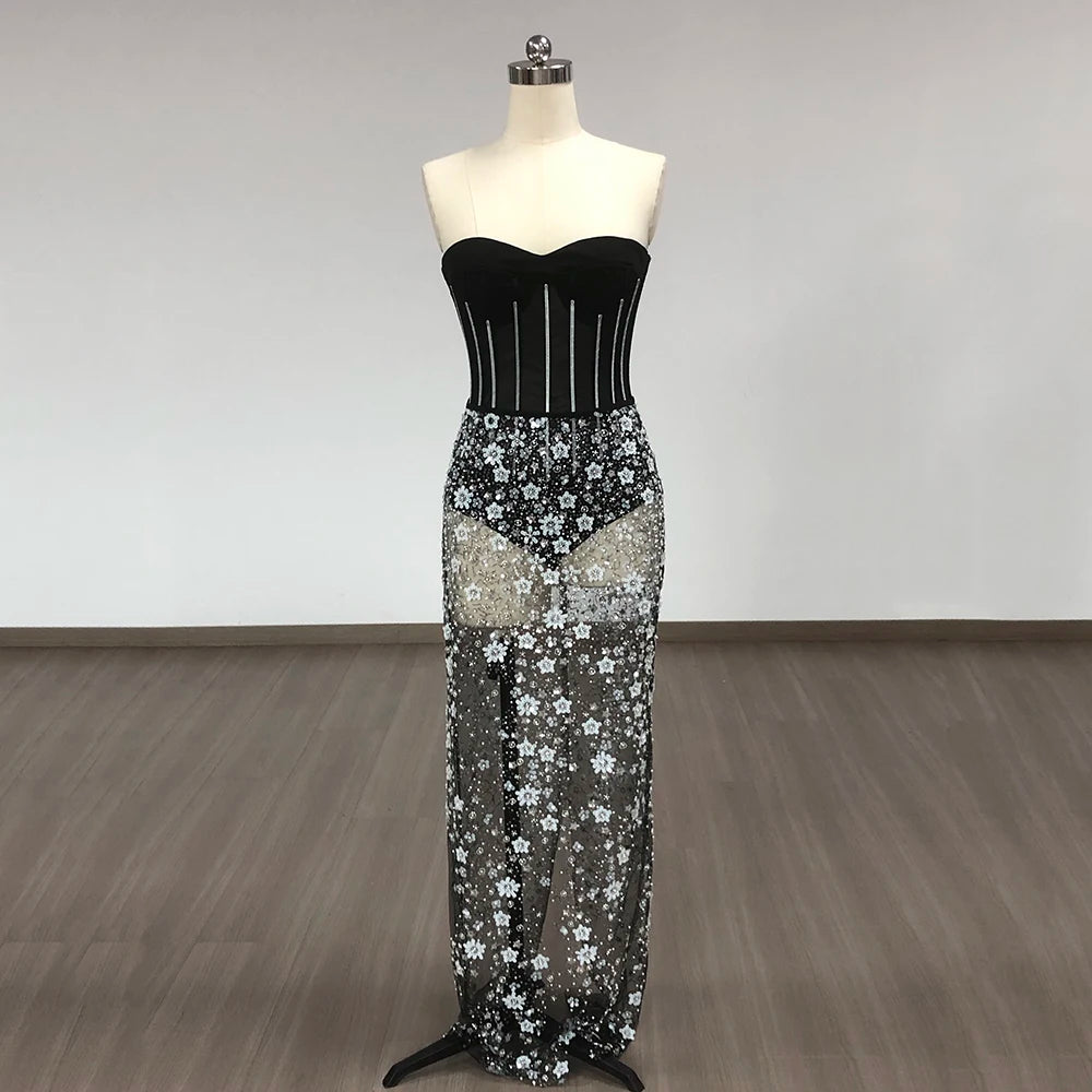 2024 New Fashion Black Color Women Sexy Strapless 2 Pieces Bodycon Long Dress Mesh Sequins Nightclub Party Celebrate Dress black