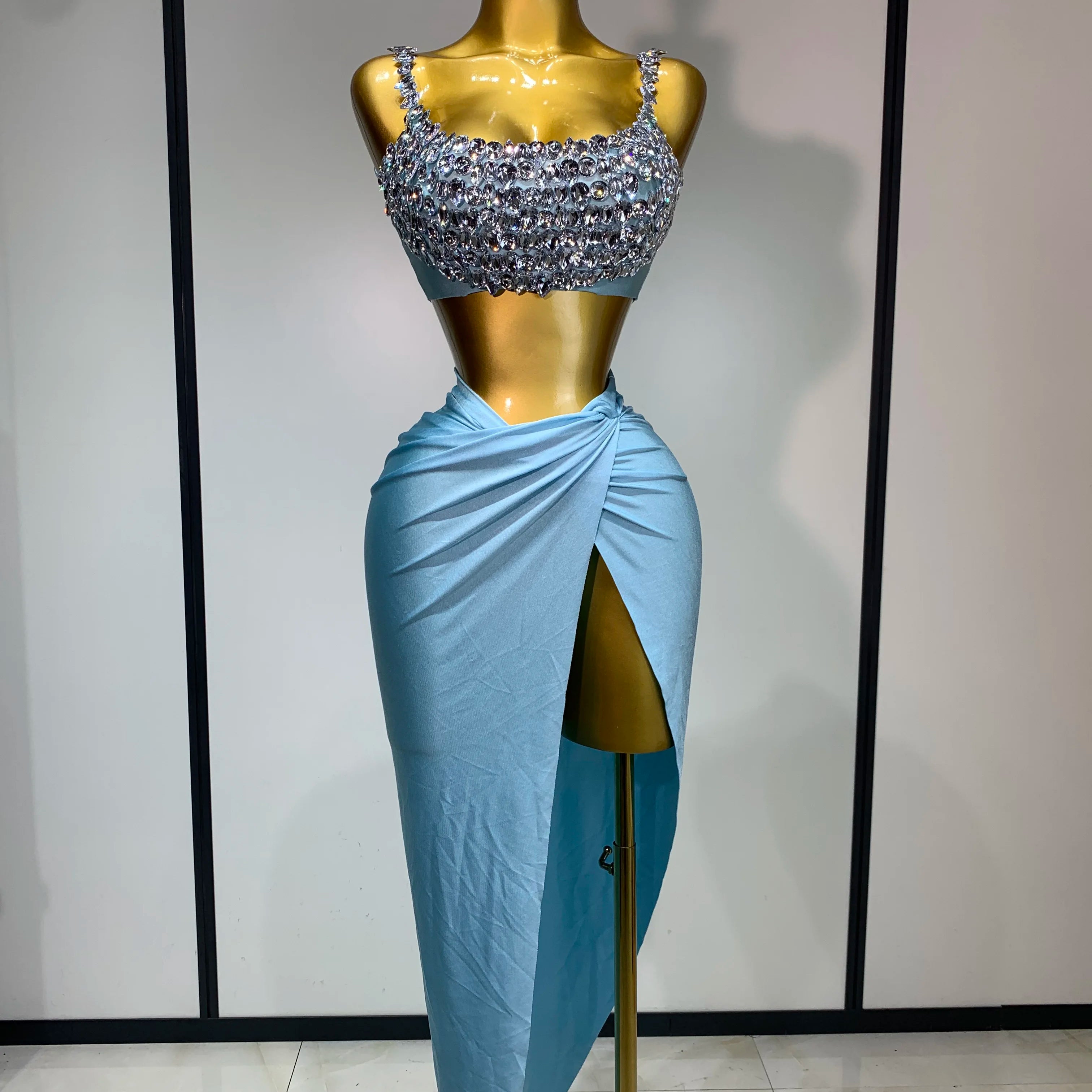 Women Sexy Sparkly Rhinestone Two Pieces Set Stretched Nightclub Skirt Suits Birthday Singer Dancer Stage Performance Costume SKY BLUE