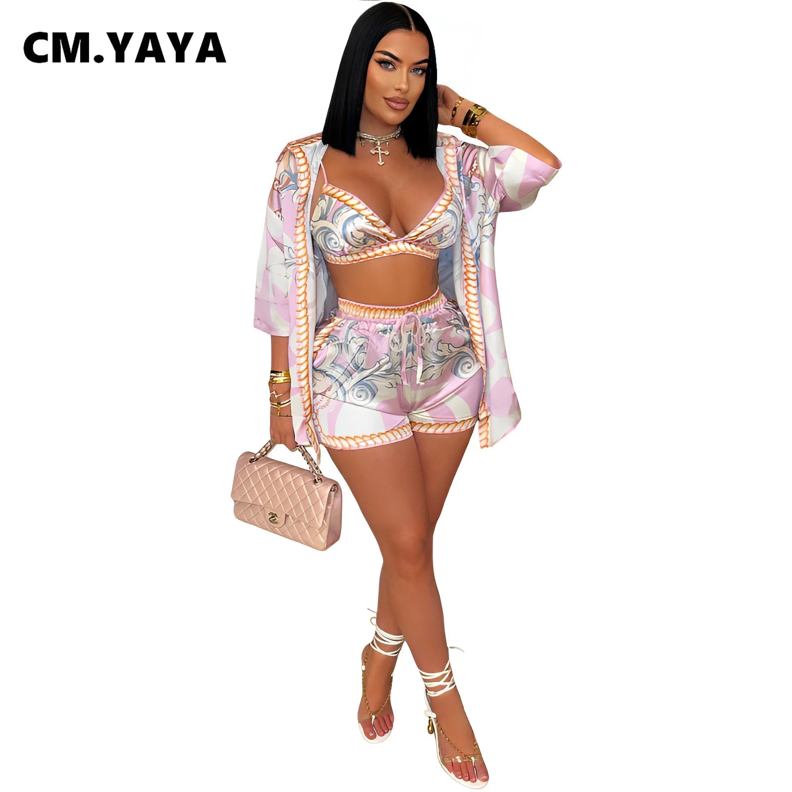 Paisley Printed Women's Set Three Quarter Sleeve Blouse + Bra Top and Shorts 2025 Beach 3- Piece Sets Outfit Tracksuits