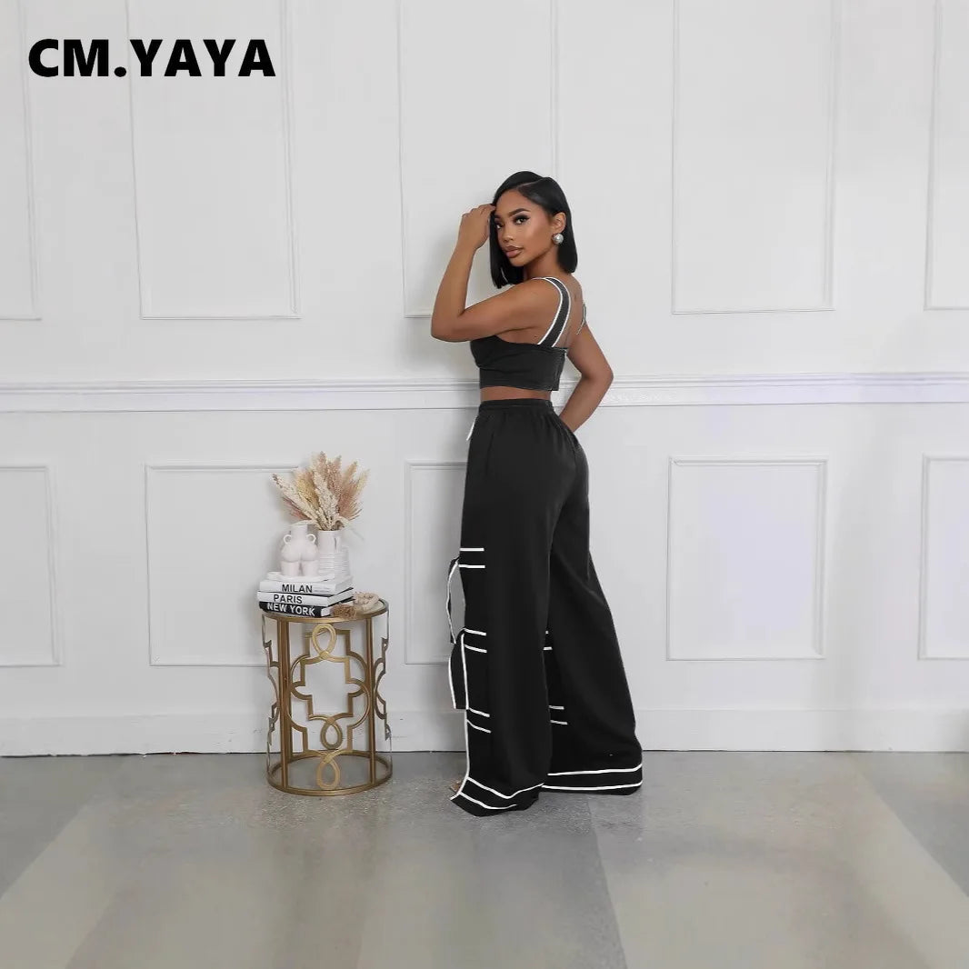 CM.YAYA Fashion Women Striped Patchwork Bowknot Split Wide Leg Jogger Pants 2025 Summer Active Sporty Classic Trousers