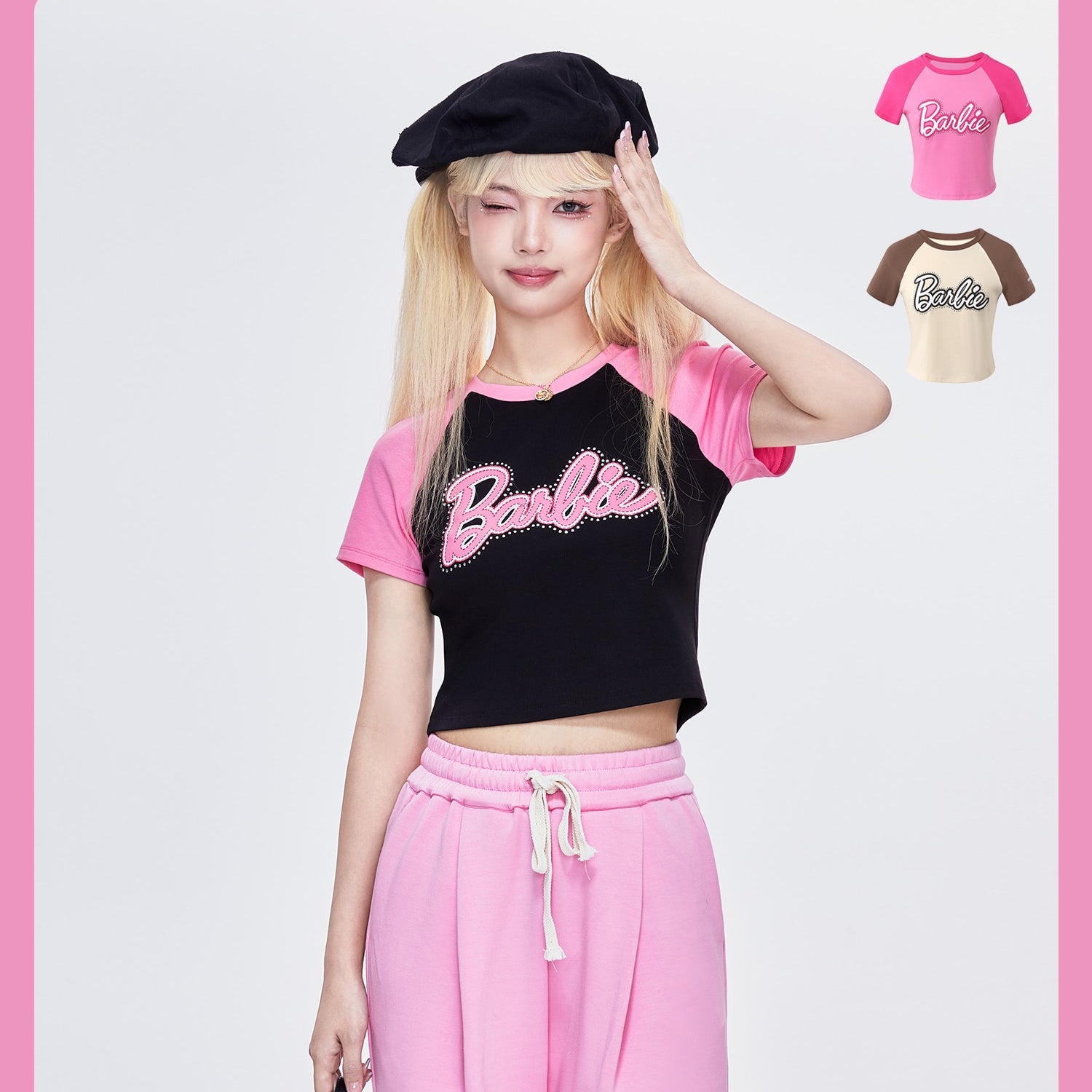 Underpass X Barbie Print Hot Drill Navel Slim Fit Contrast Short-Sleeved T-Shirt Y2K Girls Skinny Short Sleeves Fashion Soft Top