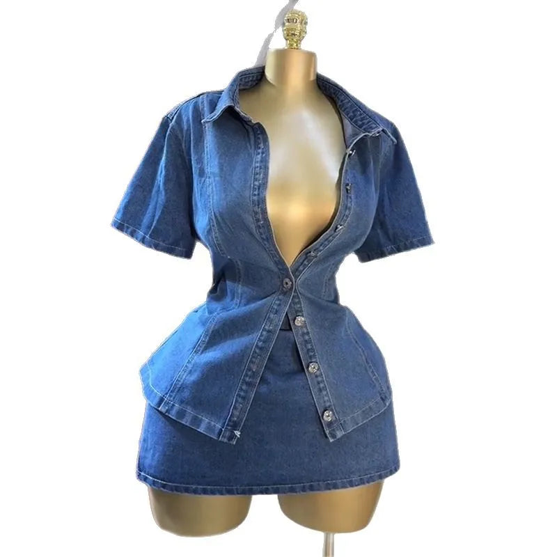 Vintage Denim Women's Set Half Sleeve Shirt Blouse and A-line Midi Mini Skirts Suit 2025 Summer Two 2 Piece Sets Outfits