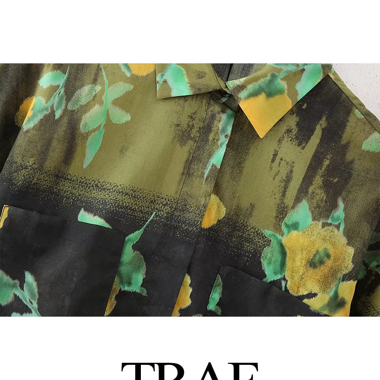 TRAF Summer Vintage Y2K Short Sleeve Green Floral Print Woman Zipper Shirt Set High Waisted A Line Pleated Skirt Suits