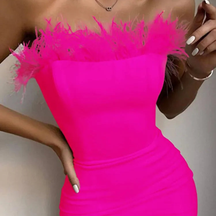 Summer Sexy Strapless Backless Feather Black Midi Women Bodycon Bandage Dress Designer Fashion Party Club Dress Vestido Hot Pink