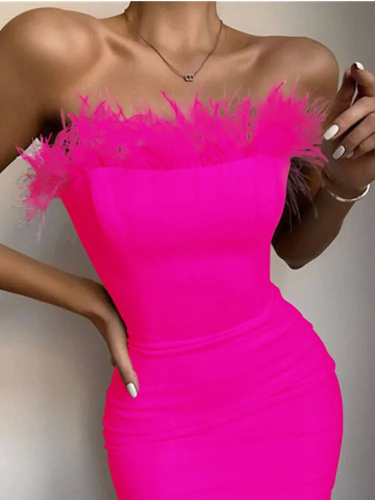 Summer Sexy Strapless Backless Feather Black Midi Women Bodycon Bandage Dress Designer Fashion Party Club Dress Vestido Hot Pink