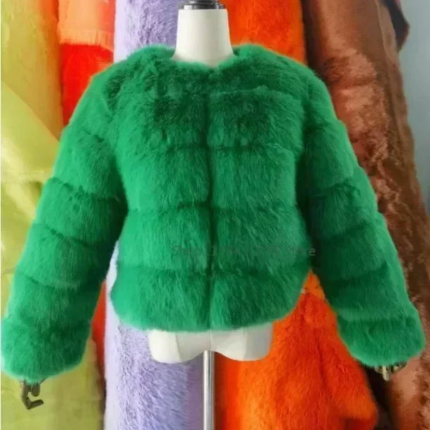 Women's Fashion Faux Fur Coat Super Hot Autumn Winter Women Short Faux Fox Fur Fluffy Jacket High Quality 5xl Ladies Furry Coats Green