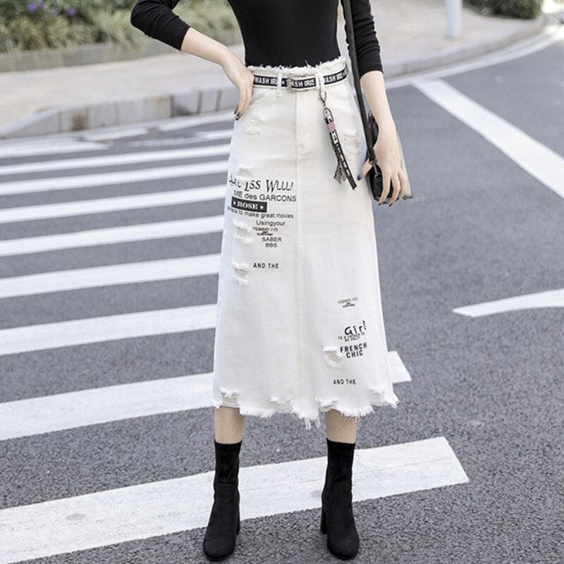 S-5XL Women Denim Skirt Spring Summer 2024 Fashion Casual Medium-long Package hip Irregular hem Slim Waist Skirts Jeans Female White