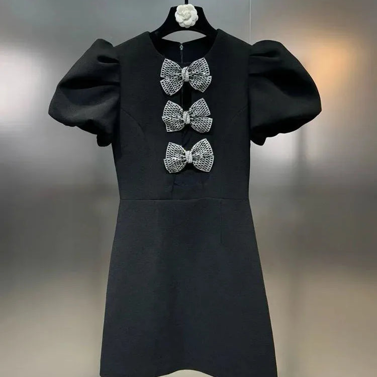 DEAT Fashion New Items Women's Diamonds Bows Hollow Out Spring Trendy Round Neck Puff Sleeves Dresses Female 11XX8796