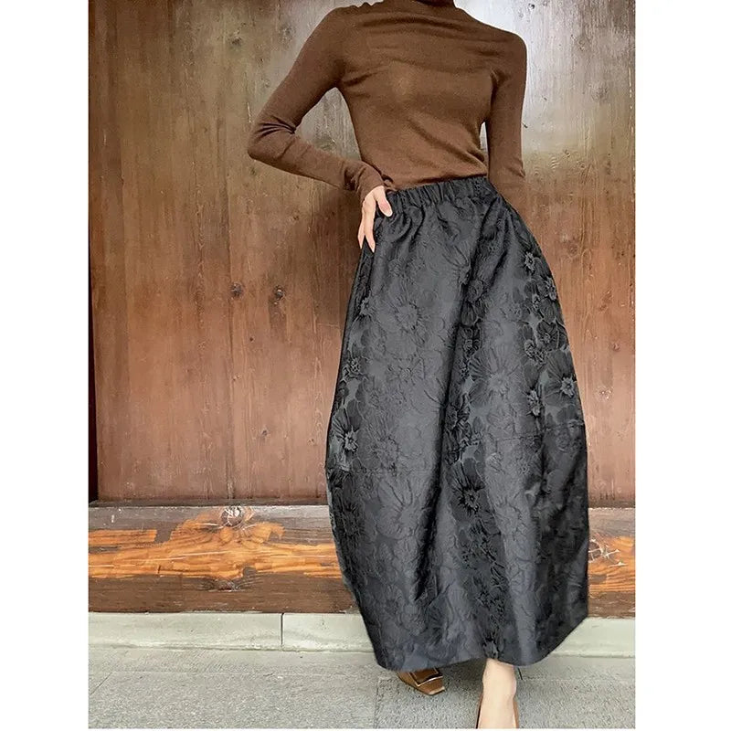 Spring/summer Arts Style Women Casual Loose Fit Elastic Waist A-line Jacquard Design Ankle-length Skirt P02