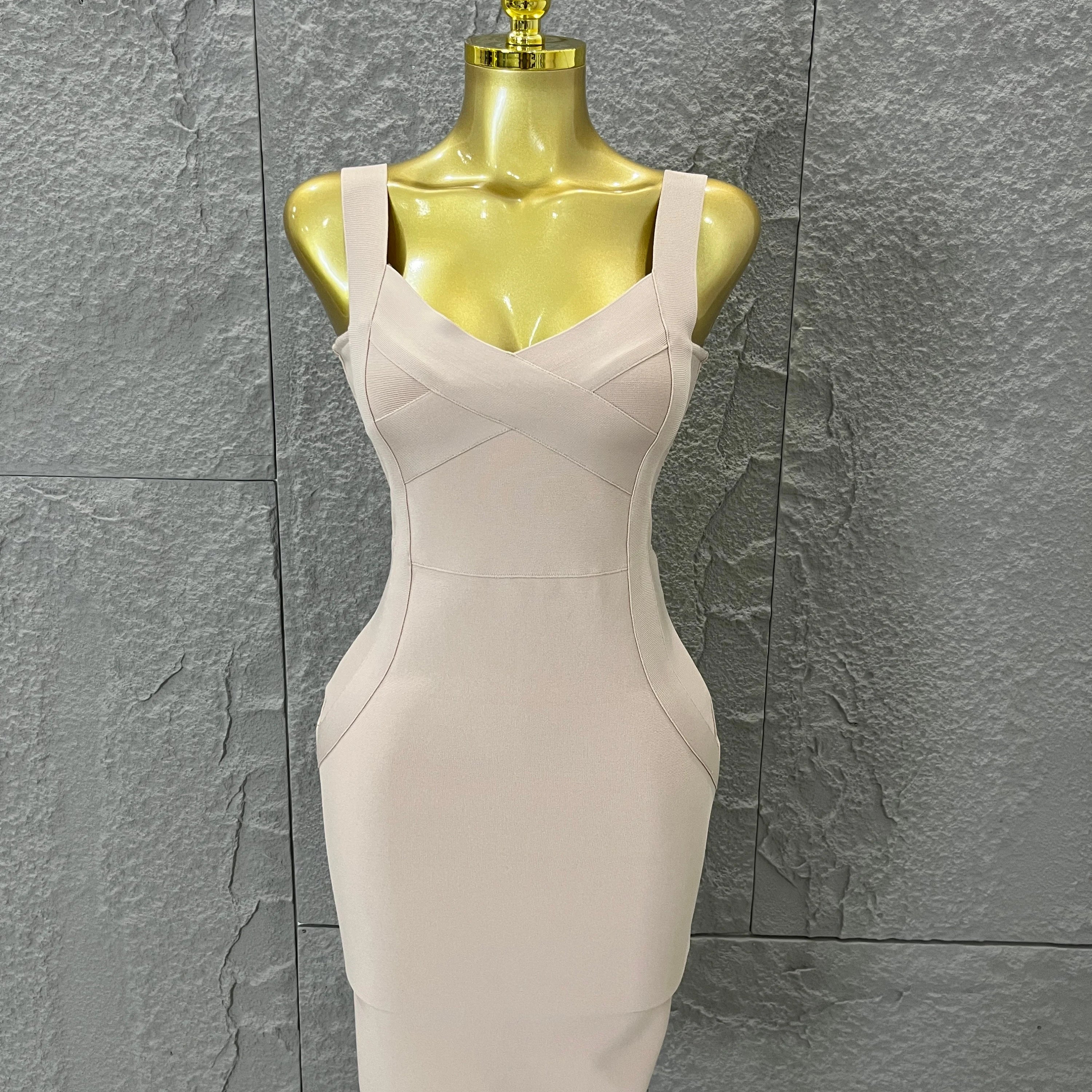 Elegant Sweetheart Neck Bandage Dress Crisscross Bust Slim Fit Midi Evening Banquet Formal Dinner Wedding Guest Cocktail Outfit Khaki