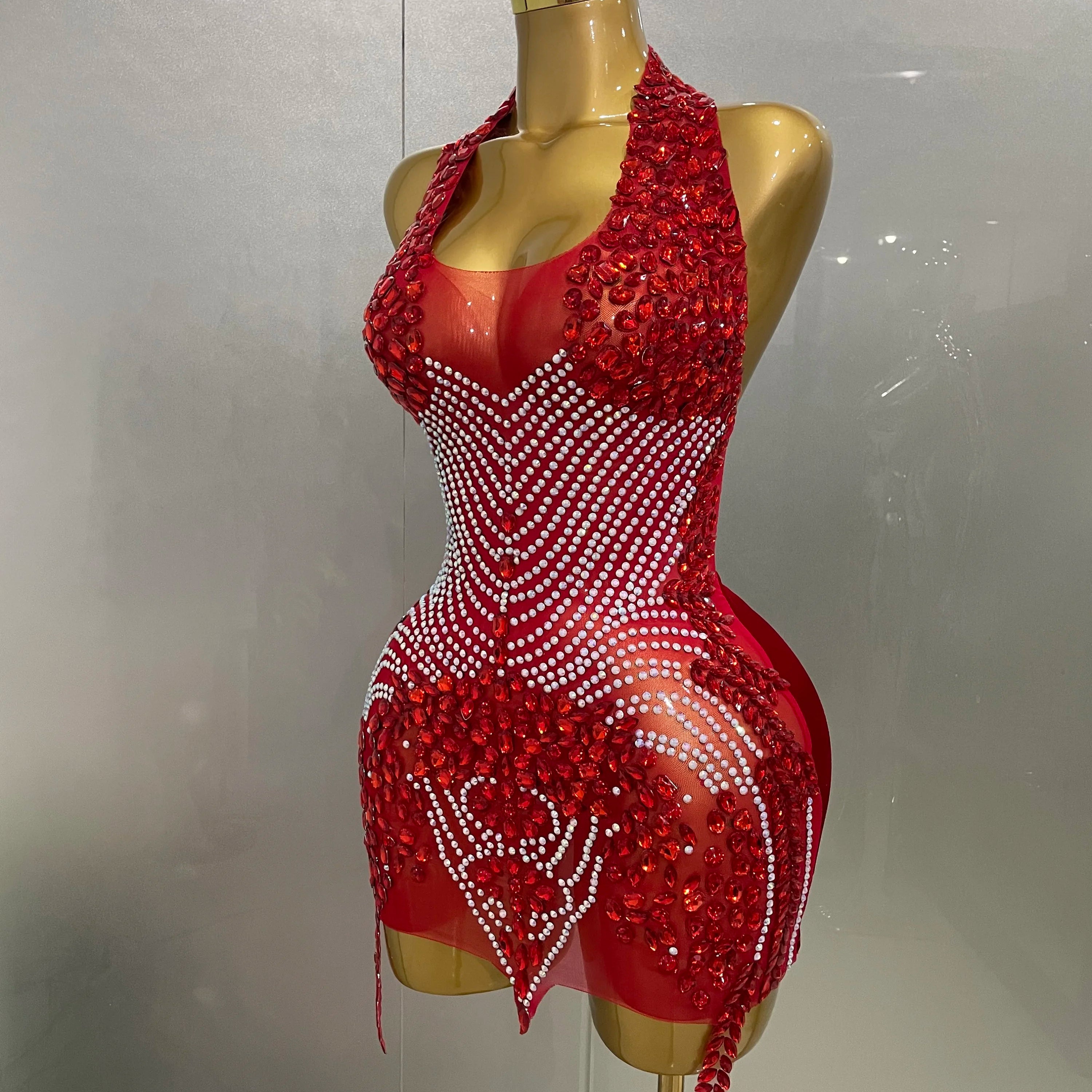 2025 New Sexy Sparkly Rhinestones Halter Backless Mesh Velour Short Dress Women Evening Prom Celebrate Birthday Party Stage Wear