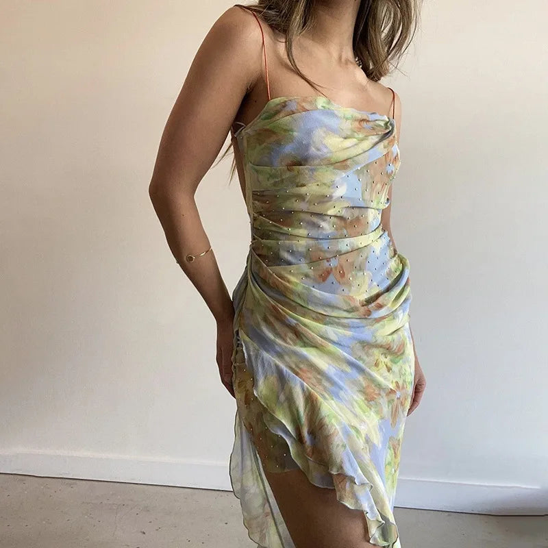 Summer Women's French Light Luxury Design Diamond Lace Backless Irregular Dress Elegant Sexy Party Dress Club Outfit