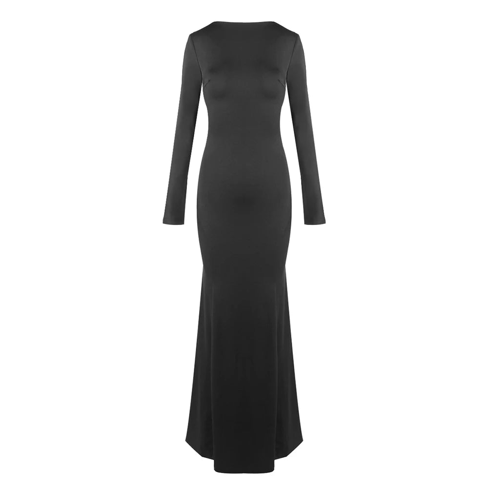 Romantic Black Long Sleeves Open-Back Maxi Dress Fashion Sexy Bodycon Party Evening Gown Dinner Date black