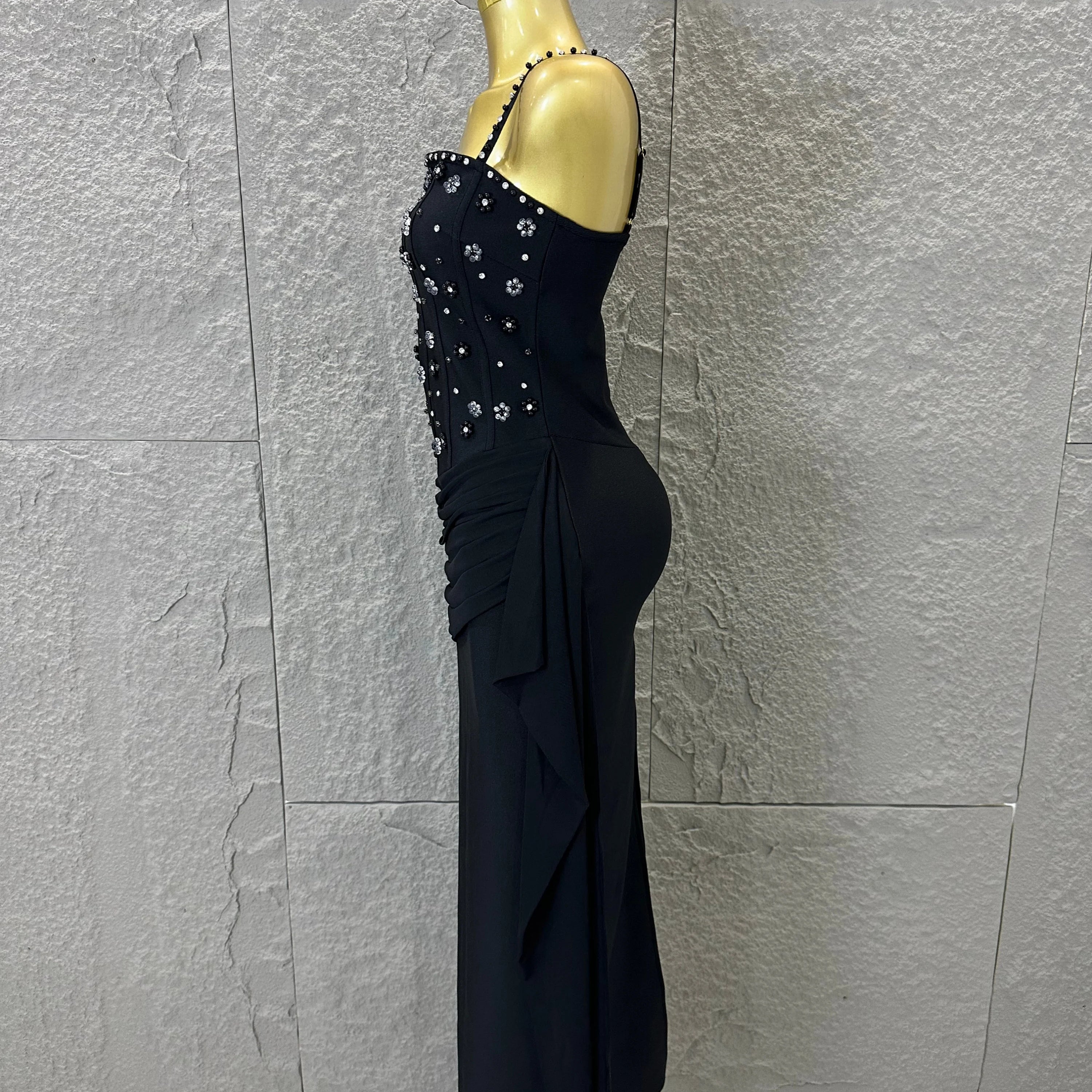 Luxury Black Beaded Corset Maxi Dress Spaghetti Strap Ruched Draped Skirt Formal Gala Evening Cocktail Photoshoot Party Dress