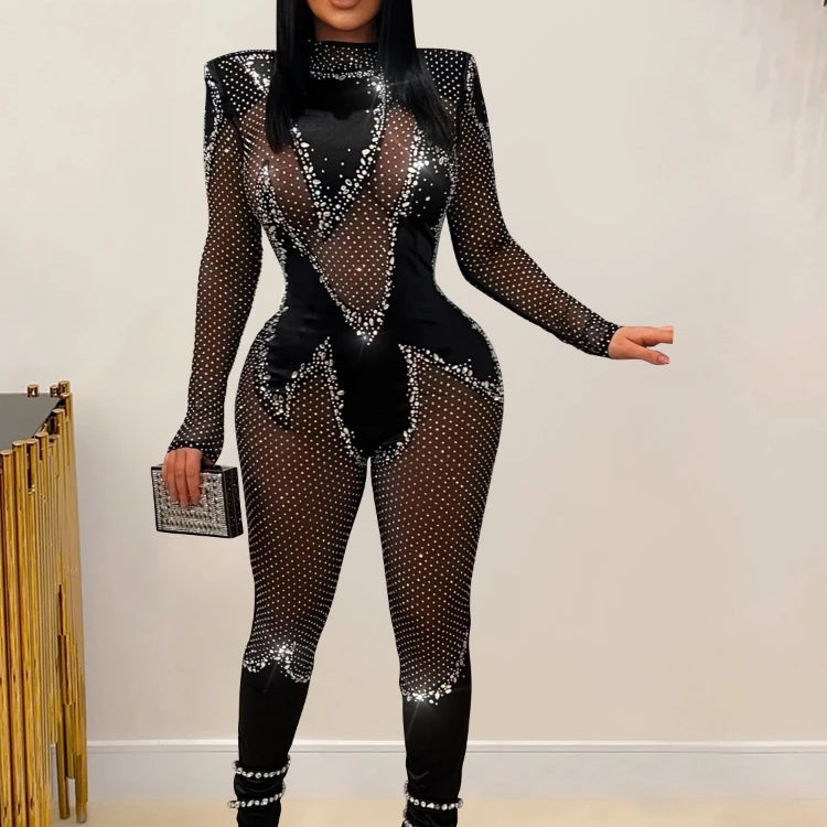 CM.YAYA Women 2024 Fashion Mesh See Though Diamonds Hot Rhinestones Sexy Party Club Jumpsuit One Piece Suit Romper Playsuits