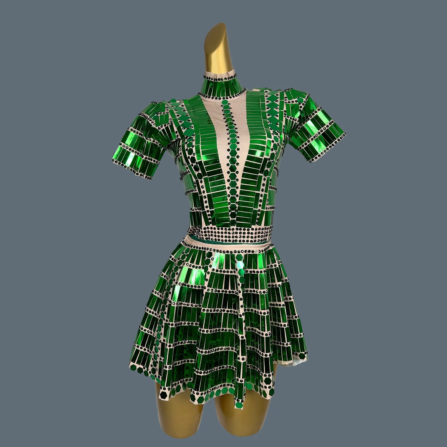 Women's Stage Show Bodysuit Mini Skirt 2Pcs Set Nightclub Dance Costume Birthday Party Shine Sequins Singer Wear Lianghuanghuang green