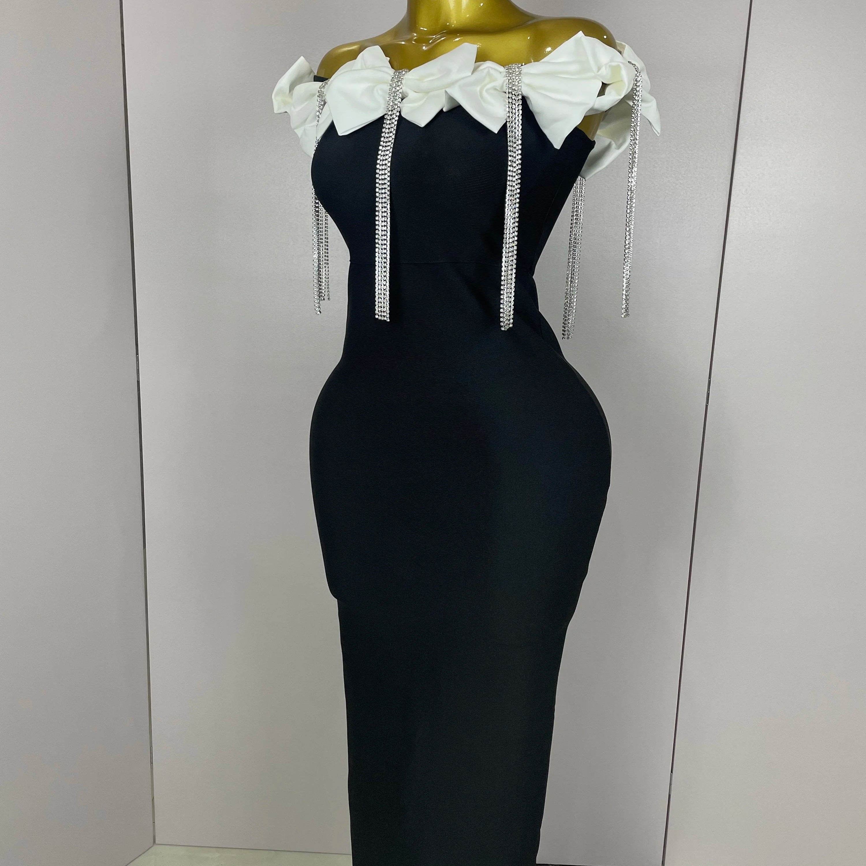 2025 Women Celebrity Sexy Off Shoulder Flower Diamonds Black Bow Tie Maxi Long XL Bandage Dress Elegant Evening Club Party Dress