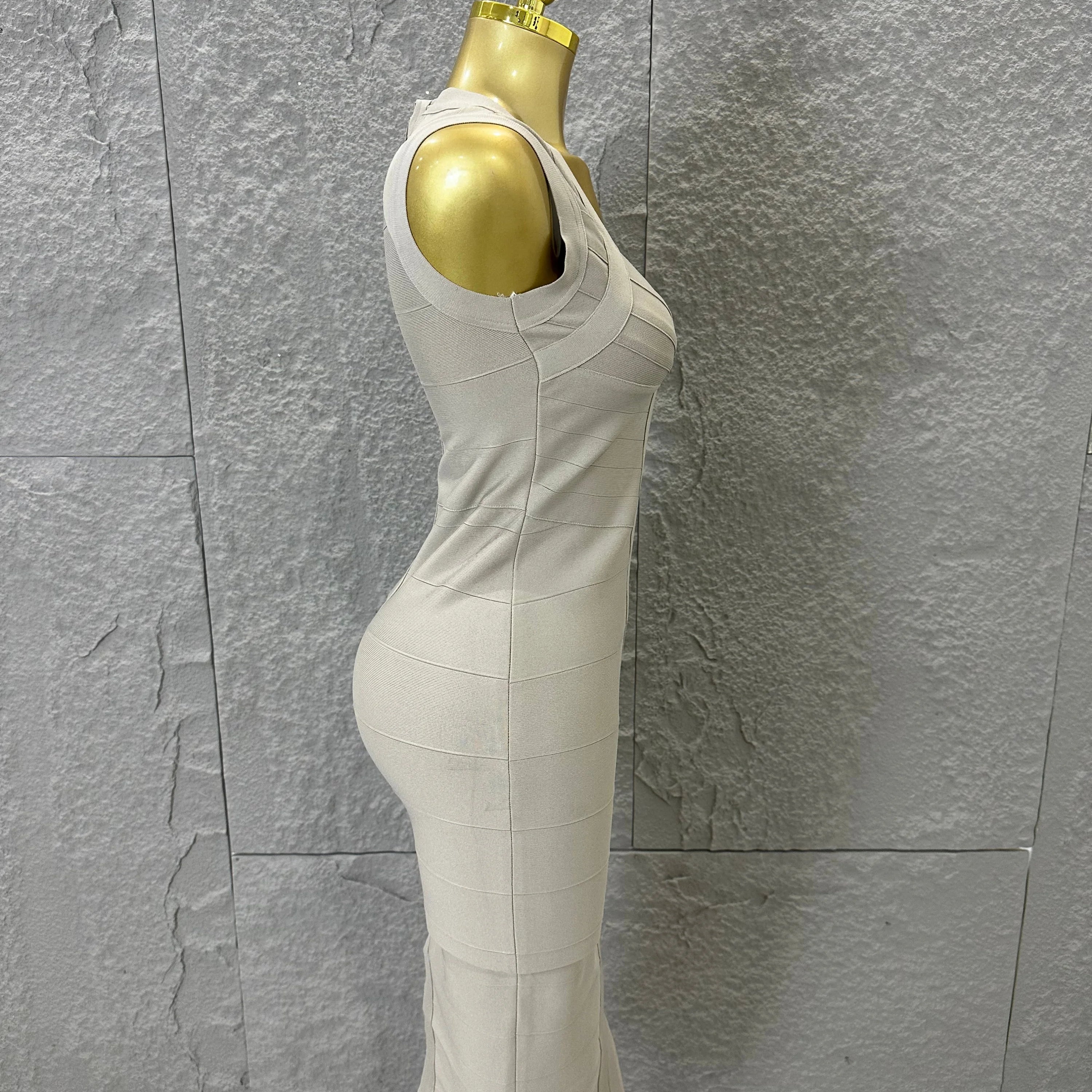 2026 Elegant Beige Bandage Midi Dress Women Sleeveless Deep V Neck Bodycon Cocktail Party Evening Gown Formal Event Wear