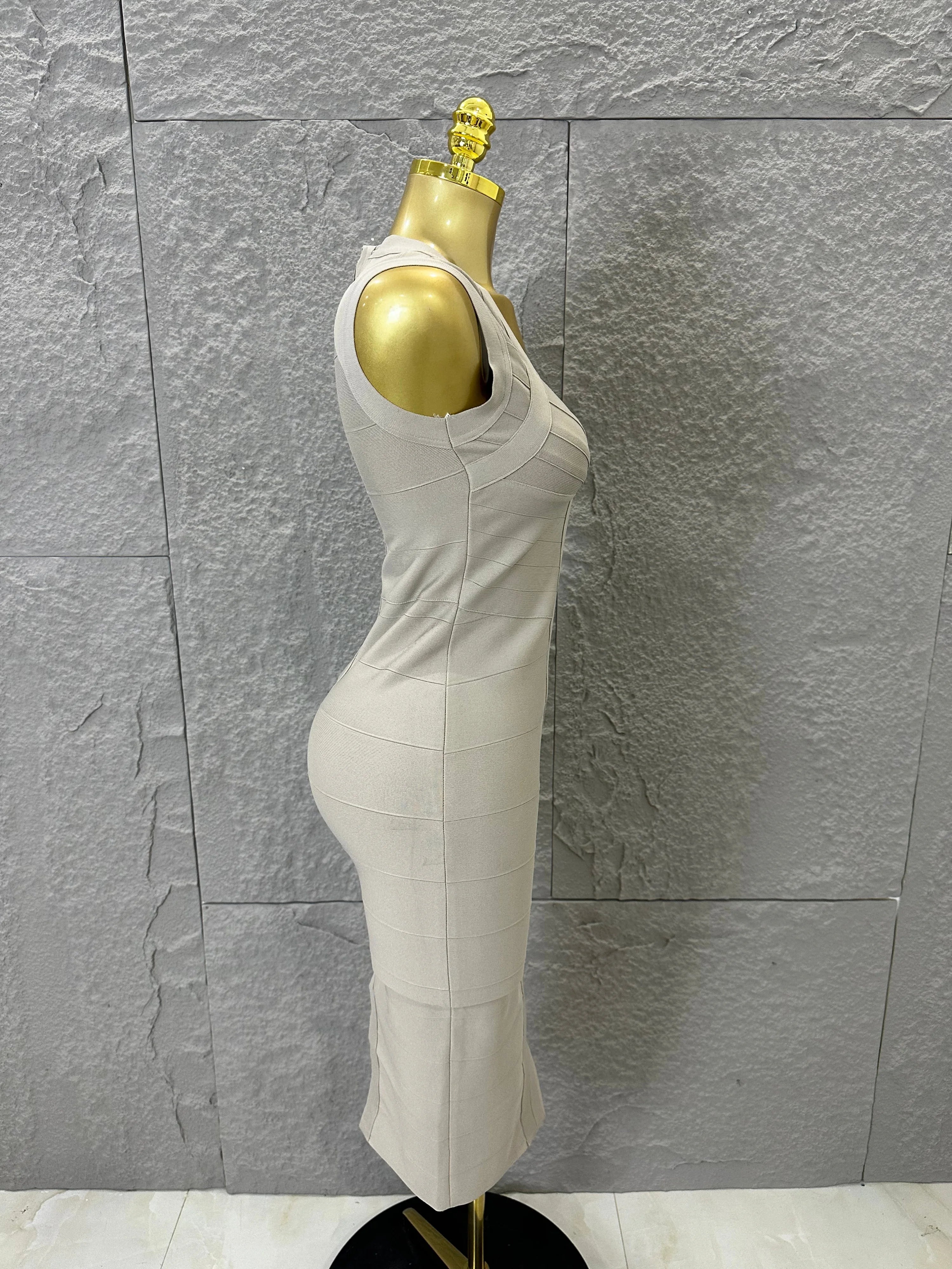 2026 Elegant Beige Bandage Midi Dress Women Sleeveless Deep V Neck Bodycon Cocktail Party Evening Gown Formal Event Wear