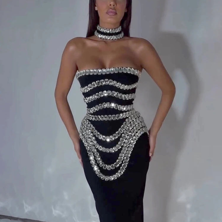 Black Strapless Long Dress Diamonds Embellished Bodycon Bandage Prom Celebrity Party Evening Gowns Dropshipping