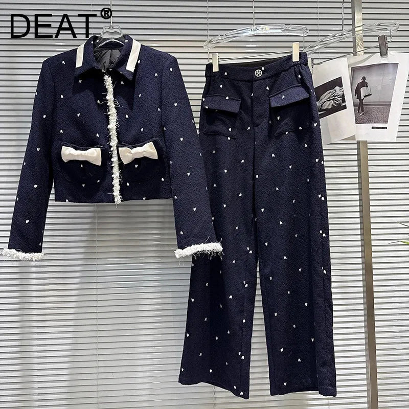 Winter New Fashion Heart Embroidery Woolen Quilted Jacket High Waist Straight Pants Women's Two-pieces Set 11A07556