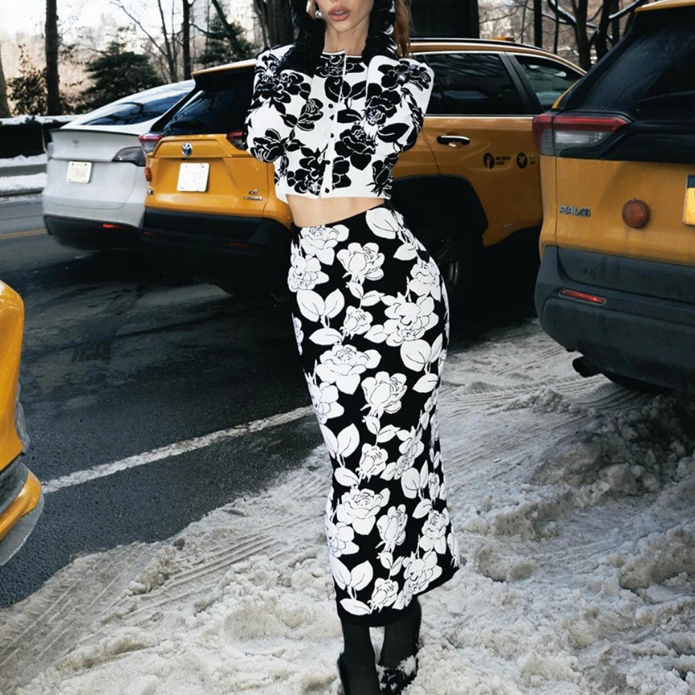 Hit Color Printing Two Piece Sets for Women Round Neck Long Sleeve Patchwork Button Top High Waist Skirt Set Female