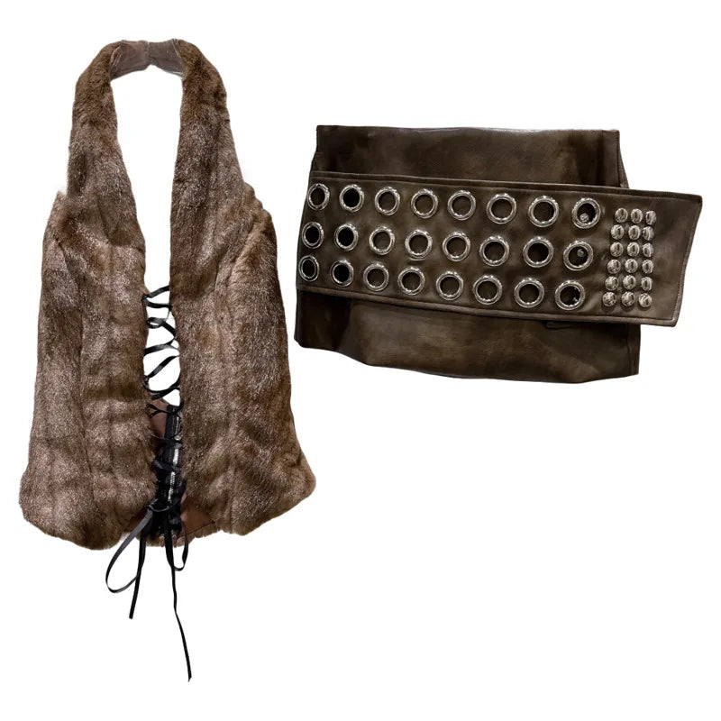 Winter New Fashion Style Back Bandage Design Furry Halter Neck Strap For Women Ring PU Leather Short Skirt 11A07894