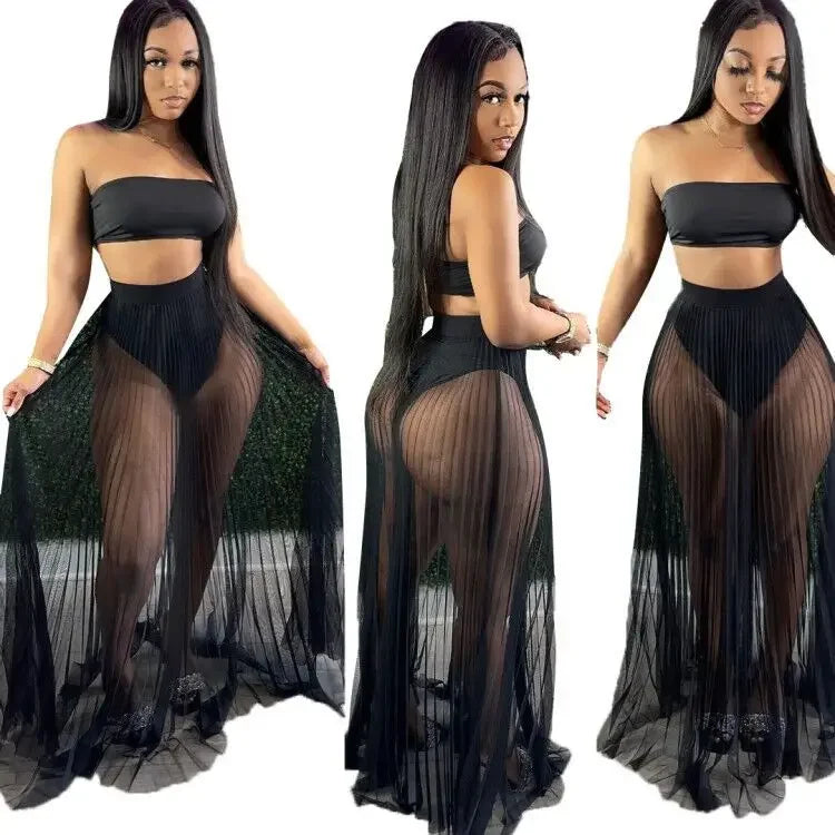 Women Mesh See Though Two Piece Set Sexy Beach Strapless Tops and Pleated Maxi Skirts Matching Set Summer Outfits black
