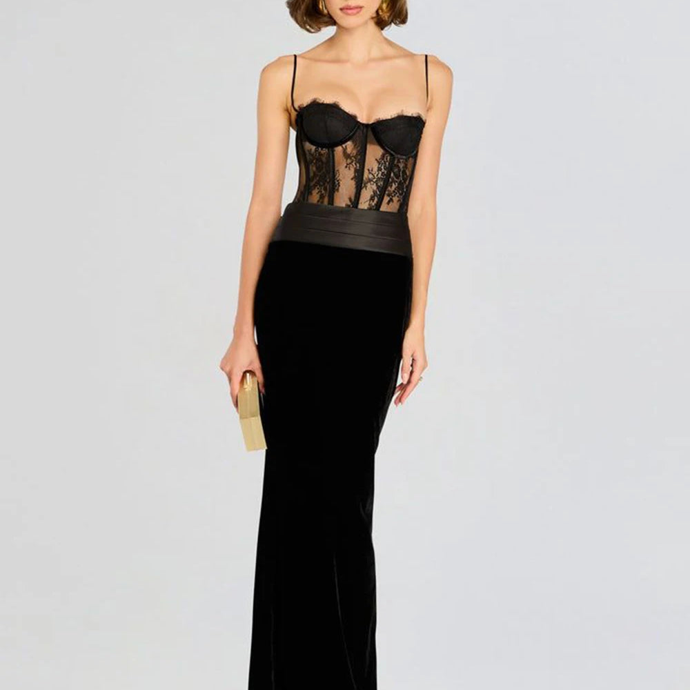 Women'S Sling Velvet Long Dress Sexy See Through Lace Slim Fishbone Dress Elegant Celebrity Evening Party Gowns