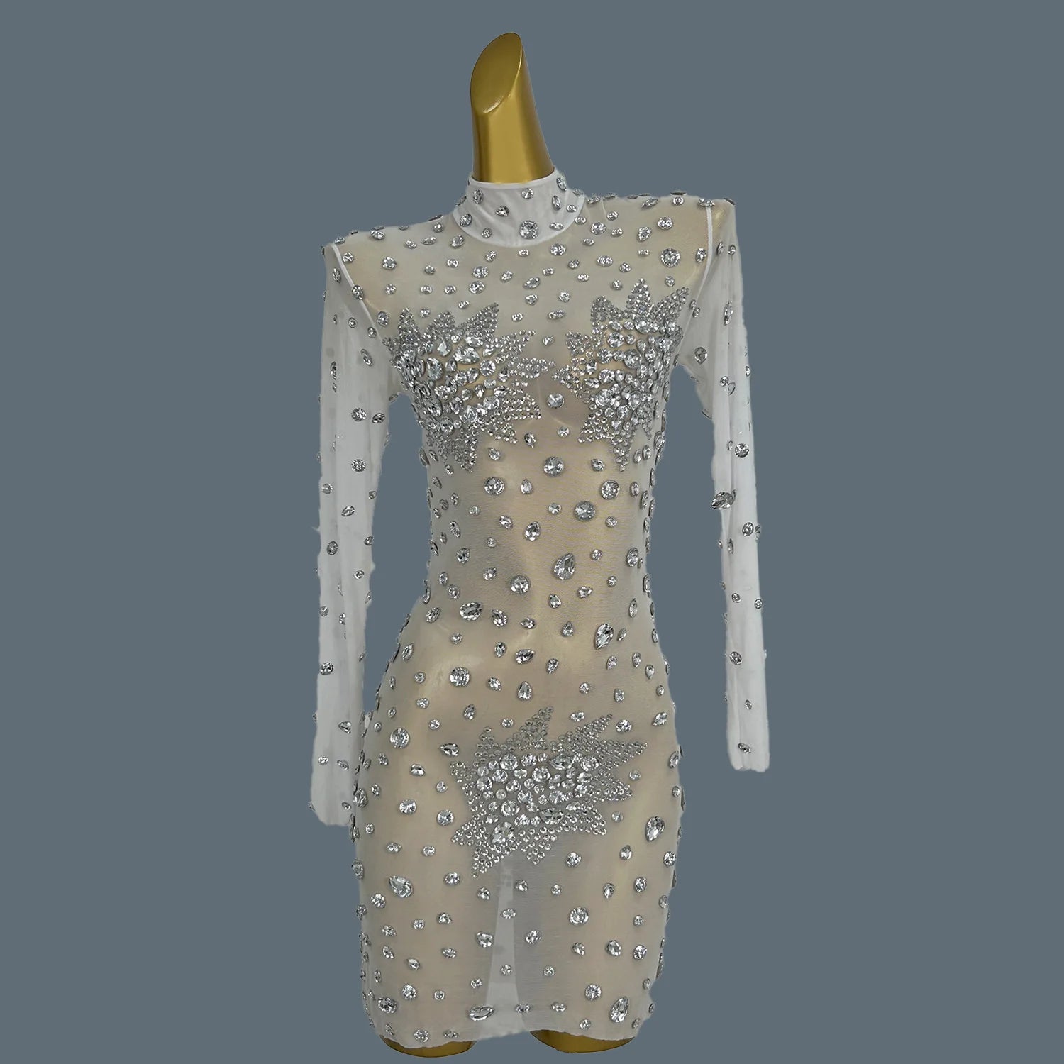 Women Sexy White Crystals Mini Dress Luxury Birthday Celebrate Evening Party Rhinestones Gown Singer Stretch Costume Guibin WHITE