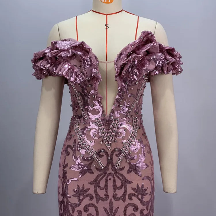 New Luxury Sexy Off Shoulder Ruffles Pink Mesh Sequins Maxi Long Women Celebrity Dress 2024 Elegant Party Evening Club Vestido